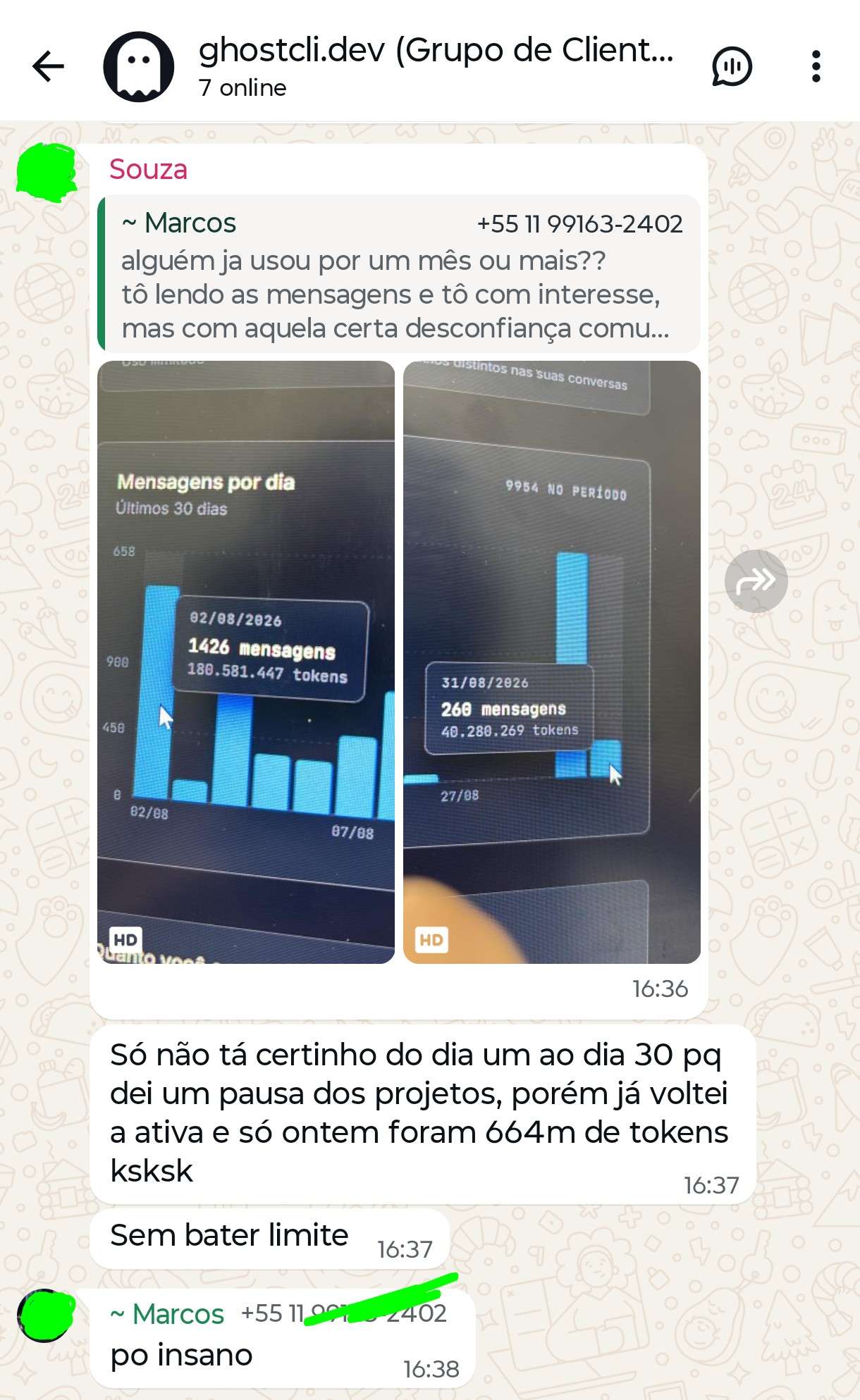 Souza responde a quem perguntou se alguém já usou por um mês, mostrando 9954 mensagens no período e 1426 num único dia.